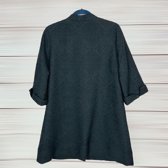 Eileen Fisher Textured Black Wool Swing Coat Silk Lined 3/4 Sleeve Band Collar S - Picture 9 of 13